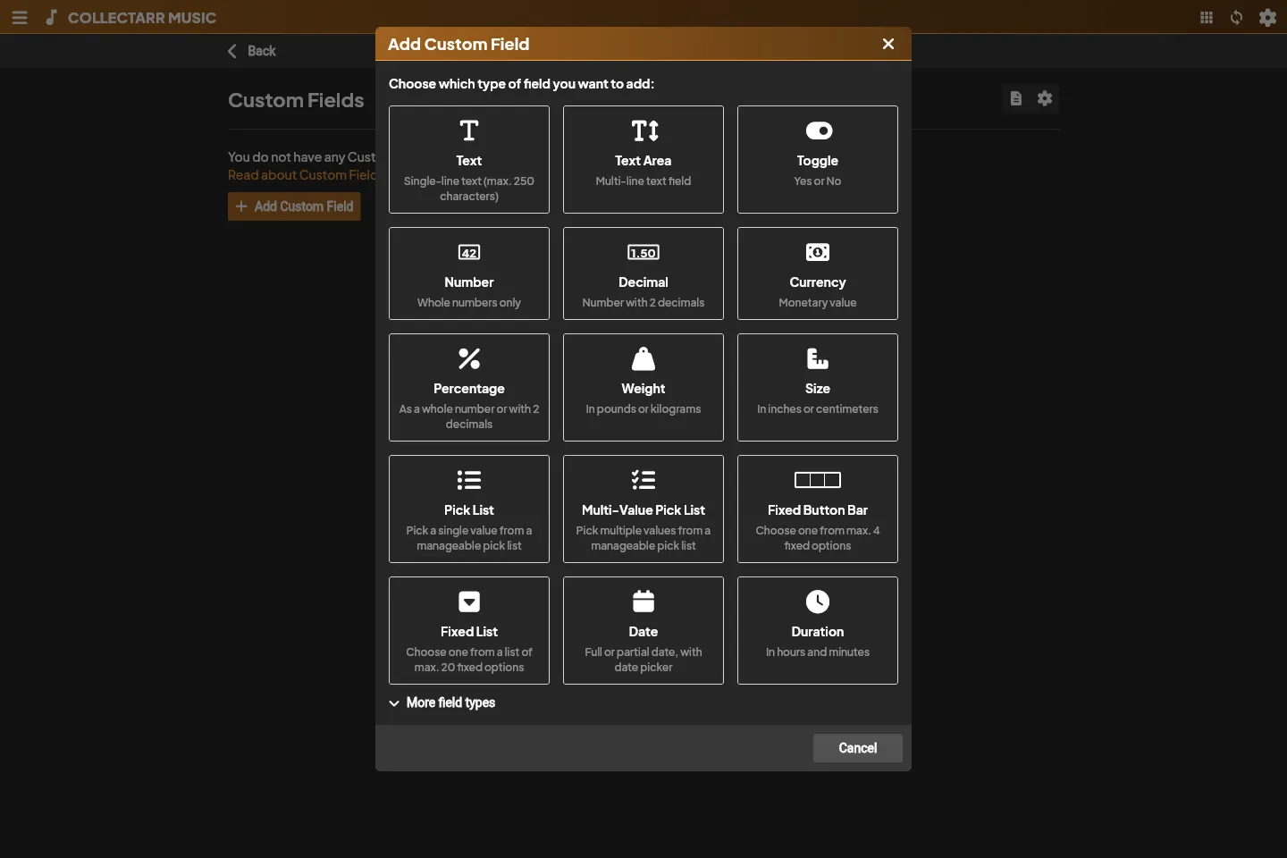 Custom field type chooser in Collectarr