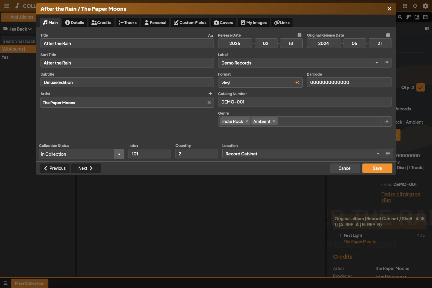 Music editor with album metadata