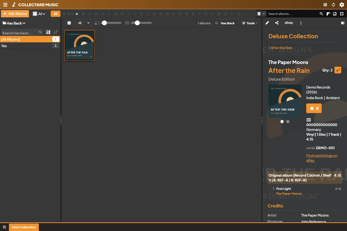 The Collectarr workspace showing library items, collection folders, and the details inspector