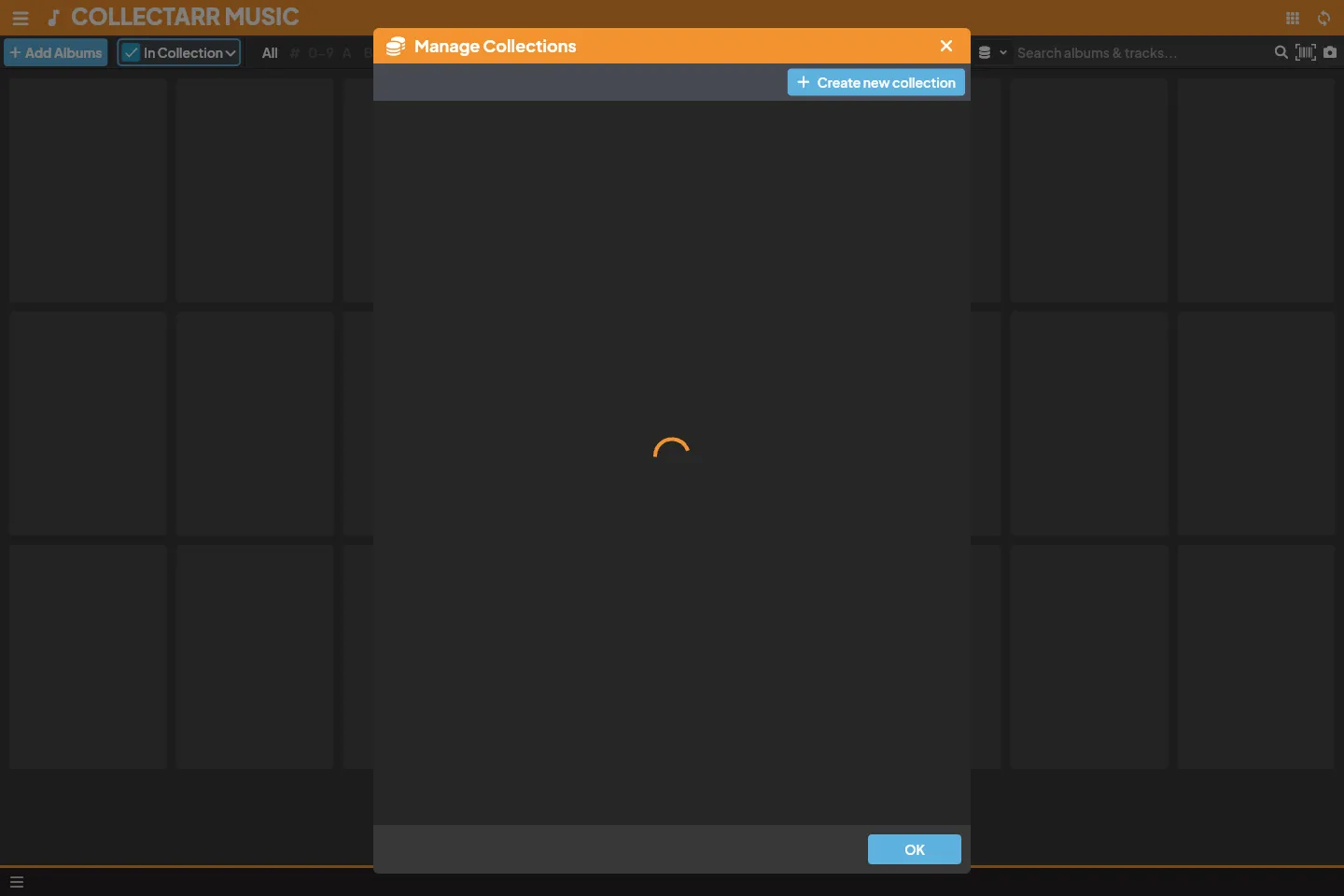Manage collections dialog in Collectarr